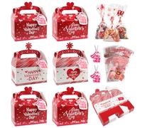 Wlicon Valentine’s Day Gift Treat Boxes, 24 Pcs Valentines Candy Boxes with 48 Pcs Valentine Cellophane Bags Heart Prints Cookies Box with Handles for Romantic Love Wedding Valentine Party Favor Decor