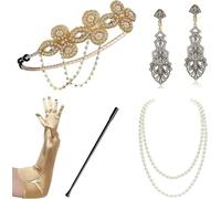 WLIHDB 1920s Gatsby Costume Accessories Set 20s Flapper Headband Pearl Necklace Gloves Plastic Holder Earrings for Women(5pack-3)