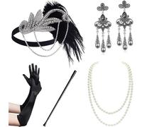 WLIHDB 1920s Gatsby Costume Accessories Set 20s Flapper Headband Pearl Necklace Gloves Plastic Holder Earrings for Women(5pack-11)