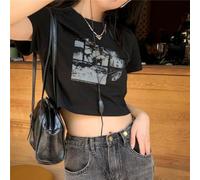 Wlinfetity Black Gothic Streetwear Crop for top Women Short Sleeve Black | for y2k gothic style, graphic print design, short sleeve , for crew neck fit, spring summer wear