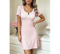Wlinfetity Ladies Striped Polyester Nightdress Regular Length Fashion Style | Printed pattern, lace trim detail, short sleeves, medium stretch, summer ready