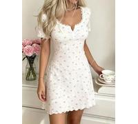 Wlinfetity Ladies Striped Polyester Nightdress Regular Length Fashion Style | Printed pattern, lace trim detail, short sleeves, medium stretch, summer ready