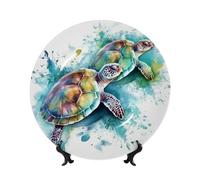 WLKSNBVD 10in Bone China Decorative Plate, Two turtles watercolor splash Ceramic Dinner Plates with Display Stand, Ceramic Ornaments Art Porcelain Plate for Home Office Wall Decor Collections Plates