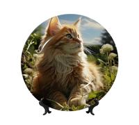 WLKSNBVD 7in Bone China Decorative Plate, Cat sitting in green field Ceramic Dinner Plates with Display Stand, Ceramic Ornaments Art Porcelain Plate for Home Office Wall Decor Collections Plates