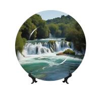 WLKSNBVD 7in Bone China Decorative Plate, Waterfalls on Krka River Ceramic Dinner Plates with Display Stand, Ceramic Ornaments Art Porcelain Plate for Home Office Wall Decor Collections Plates