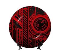 WLKSNBVD 8in Bone China Decorative Plate, Black and red tribal pattern Ceramic Dinner Plates with Display Stand, Ceramic Ornaments Art Porcelain Plate for Home Office Wall Decor Collections Plates