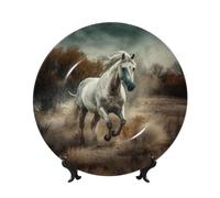 WLKSNBVD 8in Bone China Decorative Plate, Horse Running in Field Ceramic Dinner Plates with Display Stand, Ceramic Ornaments Art Porcelain Plate for Home Office Wall Decor Collections Plates