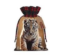 WLKSNBVD Christmas Drawstring Gift Bags Buffalo Plaid Xmas Santa Gift Bag with Tags A tiger cub Wrapping Sacks Drawstring Candy Goodie Bag for Christmas Holiday Holiday Party Favors Pouch