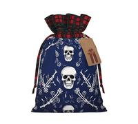 WLKSNBVD Christmas Drawstring Gift Bags Buffalo Plaid Xmas Santa Gift Bag with Tags Blue skull and bones Wrapping Sacks Drawstring Candy Goodie Bag for Christmas Holiday Holiday Party Favors Pouch