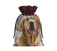 WLKSNBVD Christmas Drawstring Gift Bags Buffalo Plaid Xmas Santa Gift Bag with Tags Cute Golden Retriever Wrapping Sacks Drawstring Candy Goodie Bag for Christmas Holiday Holiday Party Favors Pouch
