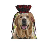 WLKSNBVD Christmas Drawstring Gift Bags Buffalo Plaid Xmas Santa Gift Bag with Tags Golden Retriever Wrapping Sacks Drawstring Candy Goodie Bag for Christmas Holiday Holiday Party Favors Pouch
