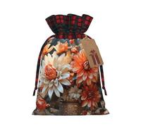 WLKSNBVD Christmas Drawstring Gift Bags Buffalo Plaid Xmas Santa Gift Bag with Tags Orange Flowers Wrapping Sacks Drawstring Candy Goodie Bag for Christmas Holiday Holiday Party Favors Pouch