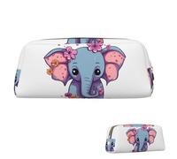 WLKSNBVD Leather Pencil Case Large Capacity Pencil Pouch Aesthetic Pen Pouch Organizer with Zipper Portable Big Flower cartoon elephant Pen Bag for Women Men Makeup Brush Bag Travel