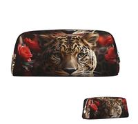 WLKSNBVD Leather Pencil Case Large Capacity Pencil Pouch Aesthetic Pen Pouch Organizer with Zipper Portable Big Red rose and tiger Pen Bag for Women Men Makeup Brush Bag Travel