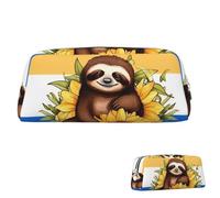 WLKSNBVD Leather Pencil Case Large Capacity Pencil Pouch Aesthetic Pen Pouch Organizer with Zipper Portable Big Cartoon sloth sitting on sunflower Pen Bag for Women Men Makeup Brush Bag Travel, Silver