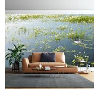WLLDDDIU 3D Panoramic Lake Wildflower Wall Mural, Waterproof Thick Vinyl Peel and Stick Wallpaper Removable Natural Lake Scenery Wall Covering for Kitchen Countertop Living Room Bedroom 365X254Cm(14
