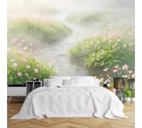 WLLDDDIU 3D Panoramic Self Adhesive Vinyl Wall Mural, Misty River Pink Wildflower Landscape Wallpaper Removable Waterproof Nature Wall Decor for Bedroom Living Room Home Decor 365X254Cm(144X100inch)