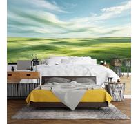 WLLDDDIU 3D Panoramic Self Adhesive Vinyl Wall Mural, Soft Wavy Green Meadow Clear Sky Scenery Wallpaper Waterproof Removable Nature Wall Covering for Living Room Bedroom Home Decor 365X254Cm(144X10