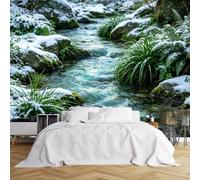 WLLDDDIU 3D Panoramic Self Adhesive Wall Mural, Winter Snowy Stream Nature Landscape Photo Wallpaper Peel and Stick Poster Waterproof Removable Vinyl Wallpaper for Bedroom Living Room 441X315Cm(173X