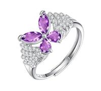 WLLDDDIU 925 Sterling Silver Birthstone Butterfly Ring for Women Natural Gemstone Eternity Ring Adjustable Simulated Diamond Promise Band for Her Anniversary Wedding Jewerly Amethyst