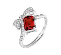 WLLDDDIU 925 Sterling Silver Emerald Cut Natural Gemstone Ring with Bow Knot Eternity Cubic Zirconia Wishbone Band Adjustable Solitaire Engagement Rings for Women Ruby