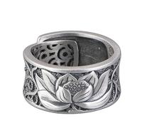 WLLDDDIU Adjustable Ring,925 Sterling Silver Open Adjustable Rings for Women Vintage Ethnic Style Lotus Heart Sutra Band High Polished Finger Circlet Jewelry Gifts for Mom Grandma