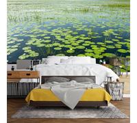 WLLDDDIU Calm Lake Lotus Leaf Wall Mural, 3D Panoramic Self Adhesive Wallpaper Mural Peel and Stick Waterproof Serene Wetland Wall Decor for Bedroom Living Room Sofa Background 441X315Cm(173X124inch