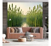 WLLDDDIU Calm Lake Reed Grass Wall Mural, 3D Panoramic Self Adhesive Wallpaper Mural Peel and Stick Waterproof Serene Wetland Wall Covering for Living Room Bedroom Kitchen Cabinets 365X254Cm(144X100