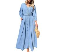 WLLDDDIU Casual Dresses,Denim Maxi Dresses for Women UK Casual 3/4 Sleeve Button Down Dress Vintage Loose Fit Frenulum Jean Jacket Autumn A Line Swing Shirt Dress with Pockets Blue Xs
