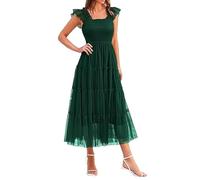 WLLDDDIU Casual Dresses,Women'S Summer Mesh Splicing Halter Dresses Casual Square Neck Ruffle Sleeve Midi Dresses Boho Elastic Waist Ruched Tiered Sundress Flowy A-Line Long Dresses Beach Dresses D