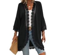 WLLDDDIU Chiffon Sheer Shrug Cardigans for Women Lace Open Front Kimono Cover Up 3/4 Sleeve See-Through Bolero Jacket Casual Summer Bikini Coverups Beachwear Black S