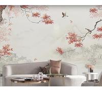 WLLDDDIU Chinese Style Ink Wash Landscape Painting Wallpaper Red Maple and Birds Mural Removable Peel and Stick Autumn Scenery Wallcoverings for Bedroom Living Room Tv Home Decor 343X256Cm(135X101in