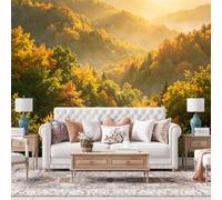 WLLDDDIU Golden Autumn Mountain Forest Wall Mural, 3D Panoramic Self Adhesive Wallpaper Mural, Soft Sunrise Woodland Scenic Vinyl Wallpaper for Living Room Bedroom Lounge Farmhouse Home Decor 280×1