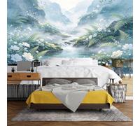 WLLDDDIU Large Watercolor Misty Mountain Stream Wall Mural, Waterproof Vinyl Self Adhesive Wallpaper Peel and Stick Removable White Flower Fern Botanical Mural for Bedroom Living Room Home Decor 365