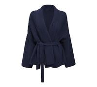 WLLDDDIU Open Front Cardigans,Women's Aran Cable Knit Cardigans Slouch Long Sleeve V Neck Cardigan Sweaters with Belt Casual Open Front Knitted Cardigan Elegant Lace Up Tunic Cardigan Jacket Navy B