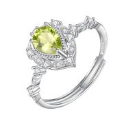 WLLDDDIU Pear Cut Natural Gemstone Solitaire Halo Promise Ring for Women Silver Twist infinity Ring Adjustable Leaf Band Simulated Diamond Engagement Band for Her Peridot