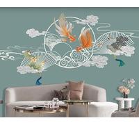 WLLDDDIU Peel and Stick Wallpaper, Chinese Style Fan Cloud Koi Fish Wallpaper Self Adhesive Removable Mural Silk Like Wallcoverings Wall Stickers Home Decor for Living Room Bedroom 365X254Cm(144X100