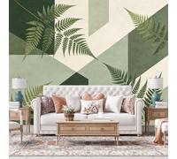 WLLDDDIU Removable Peel and Stick Wall Mural, Sage Green Geometric Fern Self Adhesive Wallpaper Waterproof Wipeable Nordic Botanical Decor for Bedroom Nursery Living Room 343X256Cm(135X101inch)