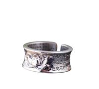 WLLDDDIU Ring Silver 925 Ladies,Ladies 925 Sterling Silver Rings Adjustable Vintage Distressed Lotus Heart Sutra Open Band Handmade Wide Tibetan Finger Circlet Jewelry Gifts for Special Occasions