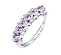WLLDDDIU Round Cut Natural Gemstone Stackable Half Eternity Ring for Women 925 Sterling Silver Birthstone Ring Adjustable Promise Wedding Anniversary Band for Her Amethyst