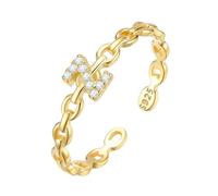 WLLDDDIU S925 Sterling Silver Adjustable initial Rings for Women Stackable Zircon Alphabet Open Band 14K Gold Plated A-Z Letter Chain Link Rings Jewelry for Birthday Anniversary Gold Letter R