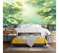 WLLDDDIU Self Adhesive Wall Mural Wallpaper, Green Lotus Pond Landscape Wallpaper Peel and Stick Waterproof Removable Vinyl Wall Sticker for Bedroom Living Room Cafe Decor 360×240Cm(142×94inch)