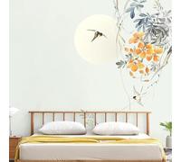 WLLDDDIU Self Adhesive Wallpaper, Hand Drawn Bird Flower Moon Wallpaper Modern Chinese Style Wall Mural Removable Wall Art Stickers for Living Room Bedroom Home Decor 250X200Cm(98X78inch)