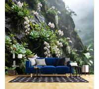 WLLDDDIU Self Adhesive Wallpaper, Misty Cliff Orchids Succulent Landscape Wall Mural Peel and Stick Waterproof Removable Vinyl Wall Covering for Home Lounge Study Bedroom 121X91Cm(48X36inch)
