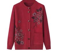 HGJH Senior Ladies Classic Rhinestone Printing Cardigan Middle-Aged and Elderly Knitted Cardigan Old Lady Casual Top Grandma Wear Coat Spring Autumn Mother Wear Warm Sweater,Red,XL