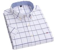 WLLDDDIU Short Sleeved Shirts for Men, Men's Short Sleeve Checked Shirt Non Iron Button Down Dress Coat Casual Regular Fit Cotton Oxford Tees Clothes Classic Plaid Summer Work Tops with Pocket White