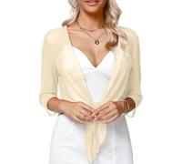 WLLDDDIU Shrugs for Women, Chiffon Sheer Shrug for Women Tie Front Cropped Cardigans Tops Lightweight 3/4 Sleeve See Through Bolero Jacket Summer Beach Cover Ups Beachwear Beige S