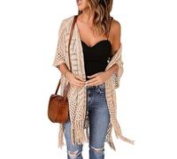 WLLDDDIU Shrugs for Women, Womens Knit Cardigan Open Front Summer Hollow Crochet Tassel Boleros Shrugs Casual 3/4 Sleeve Sweater Tops Mid Length Lightweight Kimono Cover Ups Apricot L