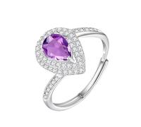 WLLDDDIU Silver Birthstone Rings for Women Pear Cut Natural Gemstone Solitaire Halo Promise Ring Teardrop infinity Band Adjustable Anniversary Cz Simulated Diamond Band for Her Amethyst