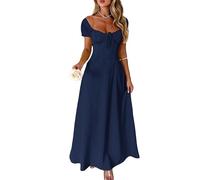 WLLDDDIU Summer Beach Dresses,Women's Backless Maxi Dress Puff Sleeve Elegant Slim high Waist Back tie Ruched Tunic Long Gown Summer Lightweight Wedding Party Sundress Navy Blue XL